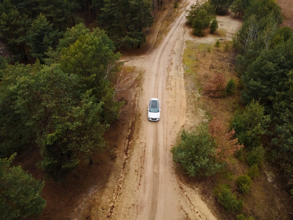 Coche blanco visto desde arriba conduciendo por un camino de tierra entre árboles, ideal para ilustrar las causas de vibraciones al conducir - Carglass.