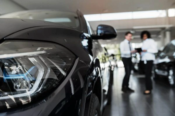Salón del vehículo de ocasión Madrid: coche negro en primer plano con personas de fondo