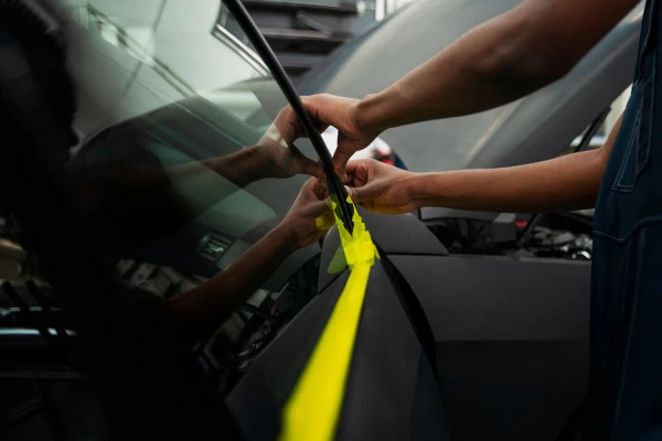 Reciclaje del parabrisas del coche: manos arreglando un cristal del coche