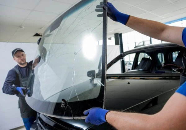 mecánico haciendo la reparación de luna del coche 