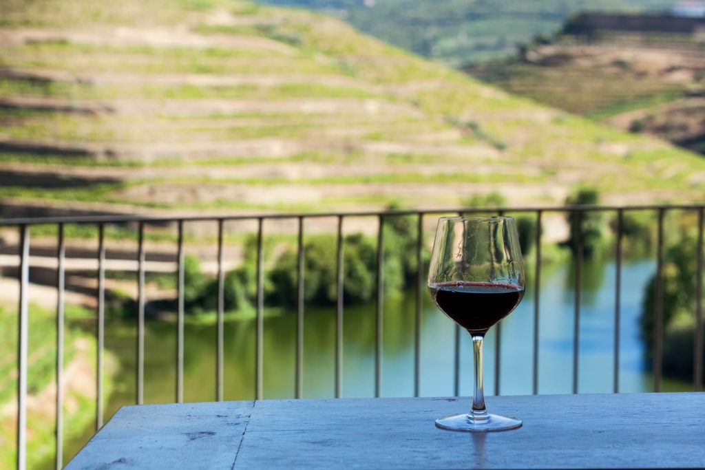 Una copa de vino tinto sobre una mesa de madera, con vista a terrazas de viñedos y un río en el fondo, evocando el enoturismo en Castilla y León. - Carglass
